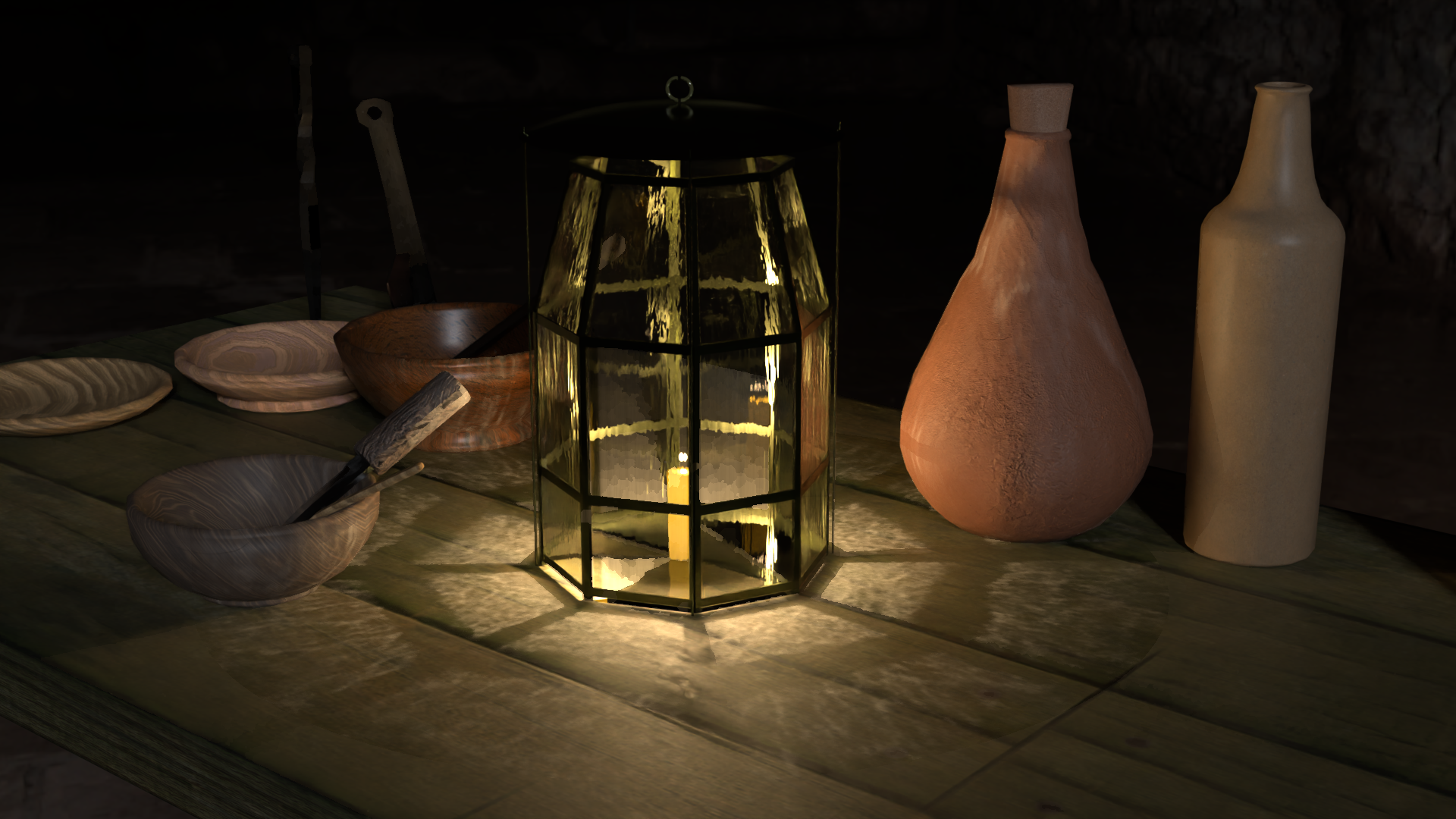 Rendu photoréaliste d'une lanterne en verre posée sur une table au milieu de vaisselle ancienne.