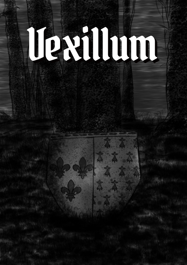 Un bouclier posé sur un tronc d'arbre, le titre du jeu marqué au-dessus.